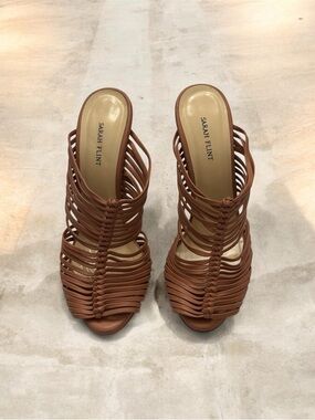 Sarah Flint Tan Braided Leather Slide Mules Heels